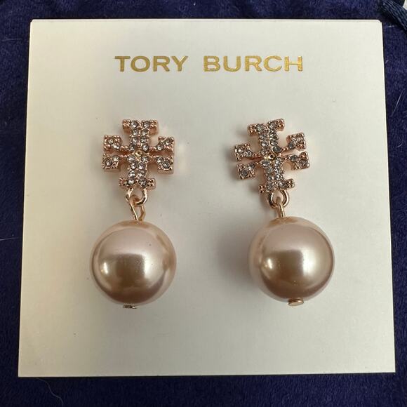 Tory Burch Kira Pave Rose Gold Rhinestone Logo Dangle Pearl Earrings Dustbag NEW - Picture 2 of 6